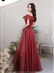 BXOXO Burgundy Tulle Off Shoulder Long Prom Dress, Burgundy Evening Dress
