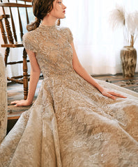 BXOXO Champagne High Neck Lace Prom Dress, Champagne Lace Formal Dress