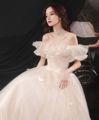 BXOXO DRESS TO IMPRESS Champagne Long Prom Dress, A line Tulle Formal Graduation Dress with Butterfly
