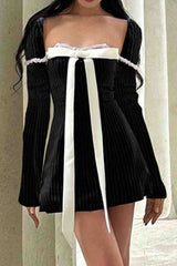 BXOXO - Square Neck Bow Tie Striped Long Sleeve Mini Dress