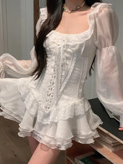 BXOXO party look inspos White French Elegant Evening Party Dress Women Casual Sexy Lace Puffed Sleeve Short Robe Summer Korean Y2k Sweet Mini Dress Chic