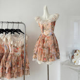 BXOXO - summer inspo Sweet Printing Midi Dresses for Women Short Sleeve Cute Floral Vintage Ruffles Temperament Dress Summer 2025