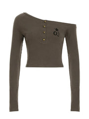 BXOXO - Vintage Number Print Asymmetrical Button Crop Top