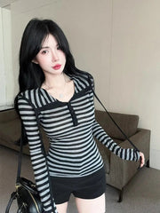 BXOXO Y2K Gothic Hoodie 90s Korea kpop Pullovers Tops Slim Stripe Long Sleeves Casual Tee shirts Hot Girl Sexy Sweatshirt Sweet Hooded