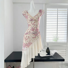 BXOXO - summer inspo Irregular Floral Long Dress Women Elegant Lace Trim Bowtie Stitch V-neck Ruffle Dress Vintage Print Dress