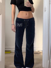 BXOXO - summer inspo American Retro Y2K Low Waisted Velvet Flared Pants Women Drawstring Tie Waist Heart Rhinestone Cute Casual Streetwear Trousers