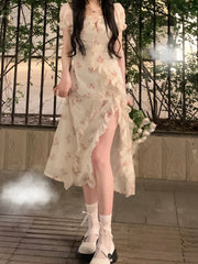 BXOXO Elegant Off-Shoulder Floral Midi Dress for Women - Chic Ruffle Detail & High-Low Hem, Lightweight Polyester, Perfect for Spring/Summer, Casual Wear|Asymmetrical Hemline|Glossy Texture