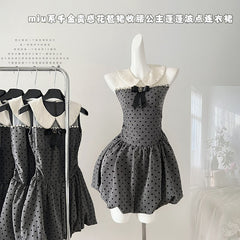 BXOXO - summer inspo Fashion Polka Dot Sling Dress Women Sweet Sleeveless Fluffy Dress Summer Gentle Slim Chic Turn-down Collar Dresses