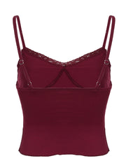 BXOXO - summer inspo Christmas Red Vintage Elegant Camisole Lace Trim V Neck Tie Bow Sleeveless Slim Cute Crop Top Women Y2K Streetwear Clothes