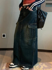 Wash Distressed Big Pocket High Rise Maxi Skirt