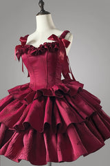 BXOXO - Wine Red Sleeveless Multi-layer Ruffle Bowknot Fish Bone Gothic Lolita Jsk Dress