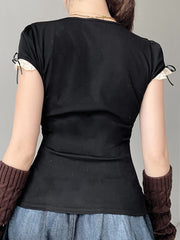 BXOXO - summer inspo Sweet Y2K Contrast Lace Patchwork Square Collar Black T-Shirt Women Short Sleeve Basic Balletcore Cute Summer Tops