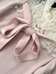 BXOXO Spring French Elegant Gentle Knitt Long Evening Dress Women Lace Off Shoulder Bow Splicing Bag Hip Fishtail Dress Female New