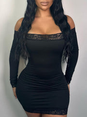 BXOXO - summer inspo Solid Slim Lace Trim Off Shoulder Long Sleeve Black Short Dress Women Elegant Sexy Party Dresses
