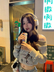 BXOXO Harajuku Graphic T-shirts Women Y2k Sexy Cropped Off Shoulder Tops Korean Fashion Gyaru Long Sleeve Anime Tees Autumn