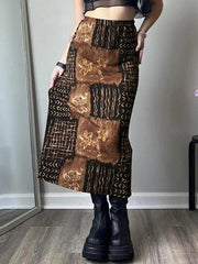 Vintage Random Print Elastic Waist Midi Skirt