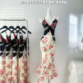 BXOXO - summer inspo Women Floral Dresses French Style Retro Patchwork Design Dress Fashion Streetwear V-neck Fashion Suspender Dress Summer New