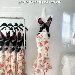 BXOXO - summer inspo Women Floral Dresses French Style Retro Patchwork Design Dress Fashion Streetwear V-neck Fashion Suspender Dress Summer New