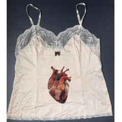 Bxoxo Gothic Aesthetic Y2K Emo Girl Chic Heart Pattern Print Punk Harajuku Streetwear Lace White Women's Sleeveless Camisole Baby Tops