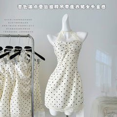BXOXO - summer inspo Halter Polka Dot Dress Women Summer Gentle Style Sleeveless Sweet Slim Dress Fashion Lace Patchwork A-line Dress
