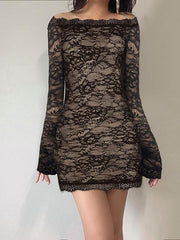 BXOXO - Off-Shoulder Lace Hollow-Out Mesh Mini Dress