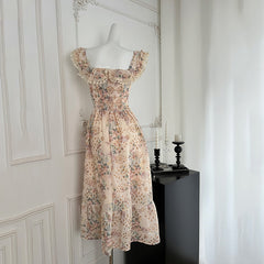 BXOXO - summer inspo French Retro Square Collar Spliced Folds Ruffles Floral Dress Female Clothing 2025 Summer New Loose Sweet Sleeveless Slip Dress