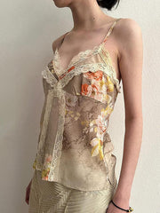 BXOXO - Vintage Floral Print Lace Patchwork V-Neck Cami Top