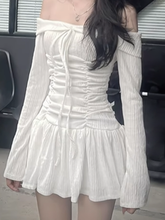 BXOXO - summer inspo Korean Fashion Slash Neck Elegant Long Sleeve A Line White Dress Women Shirring Slim Waist Simple Sweet Japanese Clothing