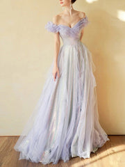 BXOXO DRESS TO IMPRESS Purple Off Shoulder Tulle Sequin Long Prom Dress, Purple Formal Dress