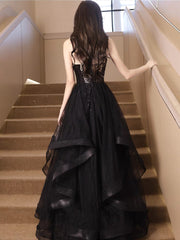 BXOXO A-Line V Neck Sequin Tulle Black Prom Dress, Black Long Evening Dress