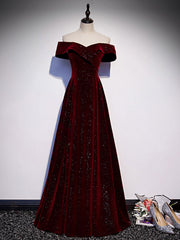 BXOXO A-Line Off Shoulder Velvet Burgundy Long Prom Dress, Burgundy Long Formal Dress