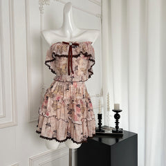 BXOXO - summer inspo Fashionable Sweet Two Piece Set Women Slash Neck Short Sleeve Tops High Waist A-Line Skirt Patchwork Ruffles Sets 2025 New