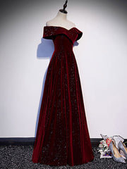 BXOXO A-Line Off Shoulder Velvet Burgundy Long Prom Dress, Burgundy Long Formal Dress