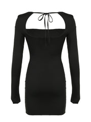BXOXO - summer inspo Backless Lace-Up Slim Sexy Black Short Dress Women Square Collar Solid Split Elegant Basic Long Sleeve Baddie Clubwear