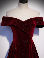 BXOXO A-Line Off Shoulder Velvet Burgundy Long Prom Dress, Burgundy Long Formal Dress