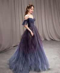 BXOXO A-line Dark Purple Tulle Long Prom Dress, Purple Formal Party Dresses