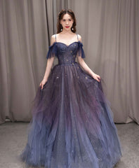 BXOXO A-line Dark Purple Tulle Long Prom Dress, Purple Formal Party Dresses