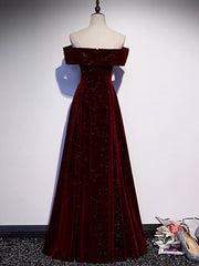 BXOXO A-Line Off Shoulder Velvet Burgundy Long Prom Dress, Burgundy Long Formal Dress