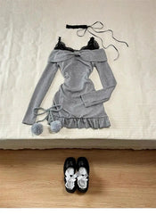 BXOXO Dresses Y2k Harajuku Women Clothes Vintage Long sleeves Slim Punk Sexy Bow Mini Dress Femme Korea Slim Gothic Aesthetic Dresses