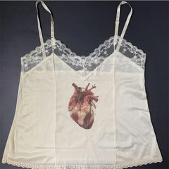 Bxoxo Y2K Gothic Aesthetic Emo Girls Chic Heart Pattern Print Punk Harajuku Streetwear Lace White women's Sleeveless Camisole baby Top