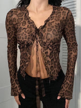 BXOXO - summer inspo Leopard Print Lace-Up Blouse Shirts Women Semi-Sheer Mesh Elegant Fashion Sexy Flared Sleeve Ruffled Cardigan Tops