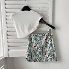 BXOXO - summer inspo Fashion Casual Solid Color Round Neck T-shirt Women Summer New Slim Fit Top Jacquard Skirt Two-piece Set