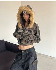 BXOXO Harajuku Zip Up Hoodie camouflage Long Sleeves Tops American Vintage Hoody Harajuku Kpop Punk Coats Top Women Y2k Grunge Hoodies