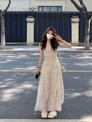 BXOXO French Floral Cami Midi Dress for Women - V-Neck, Slimming Waist Cinch, A-Line Silhouette, Breathable Polyester, Perfect for Summer Outings, Casual Wear | Waist Cinch Dress | Stylish Fishtail, Chic Dress