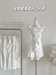 BXOXO - summer inspo Sleeveless White Dresses Women Halter Neck Ruffles Mini Dress Summer Elegant Sweet French Sexy Solid Color Fashion Dress
