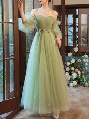 BXOXO Simple A line Green Long Prom Dress, Green Tulle Bridesmaid Dress