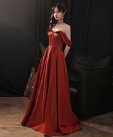 BXOXO Simple Red Satin Long Prom Dress, Burgundy Formal Graduation Dresses