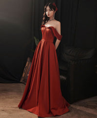BXOXO Simple Red Satin Long Prom Dress, Burgundy Formal Graduation Dresses