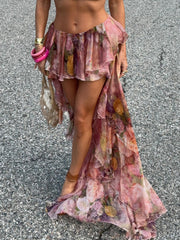 BXOXO - summer inspo Sweetown Beach Boho Floral Print Chiffon Ruffled Skirt Women Asymmetrical Dipped Hem Pink Romantic Elegant Sexy Vacation Skirts