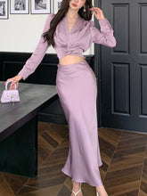 BXOXO party look inspos Korean Solid Two-Pieces Set for Women Elegant V-Neck Long Sleeve Pleated Shirt Tops High Waist Slim A-Line Mermaid Skirt Suits